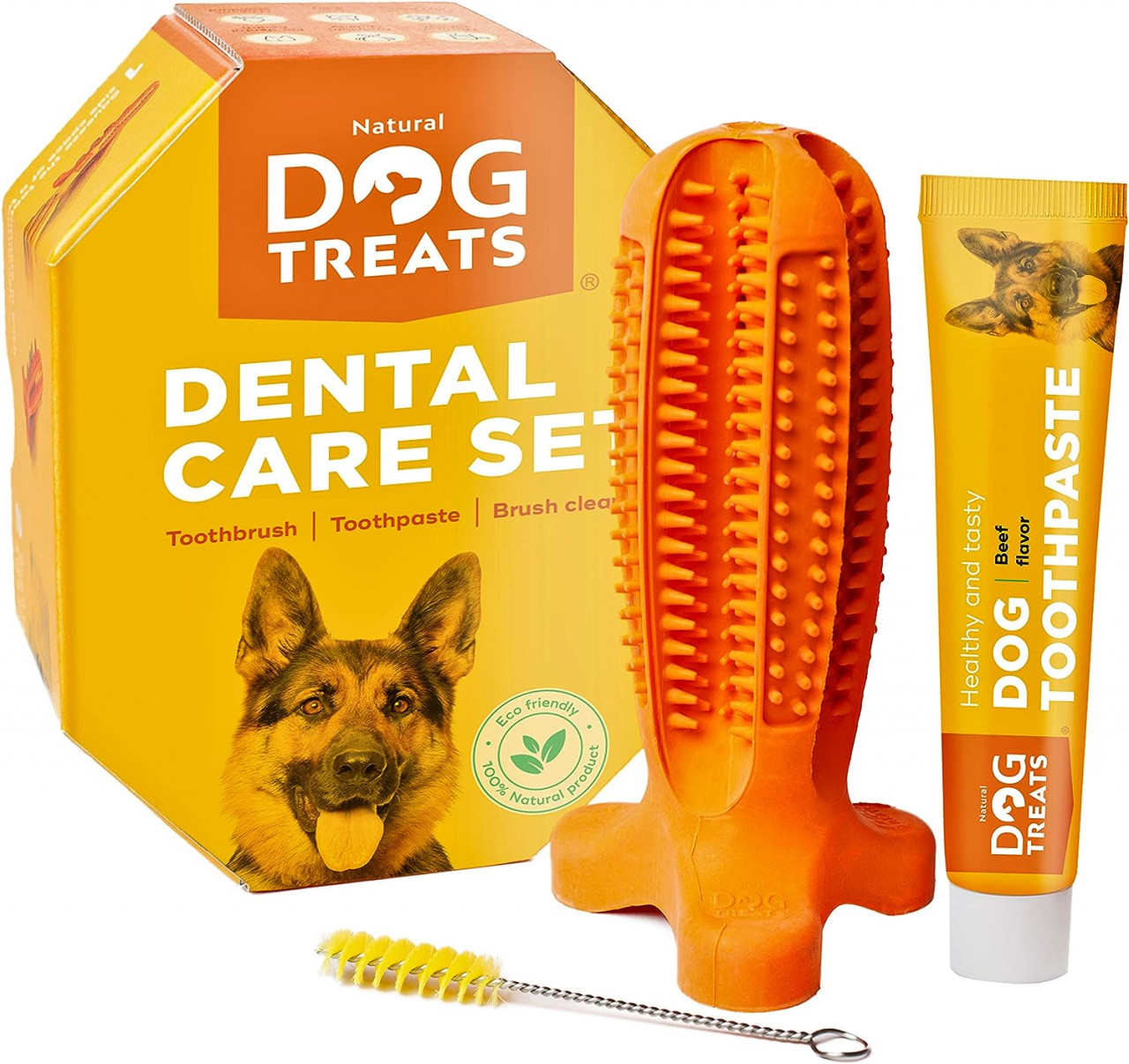 Set ingrijire dentara pentru caini Natural Dog, periuta si pasta de dinti, cauciuc, portocaliu, marimea L