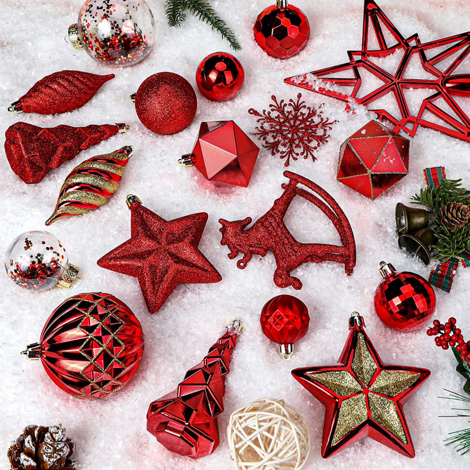 Poze Set mixt de ornamente pentru brad SHAreconn, plastic, rosu/auriu
