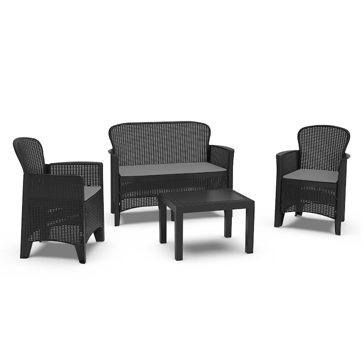 Set mobilier gradina/terasa, Progarden, JUNGLE, 4 piese, polipropilena, antracit, canapea 2 locuri 113x57x57.5 cm, 2 scaune 59x57x85.5 cm, masa