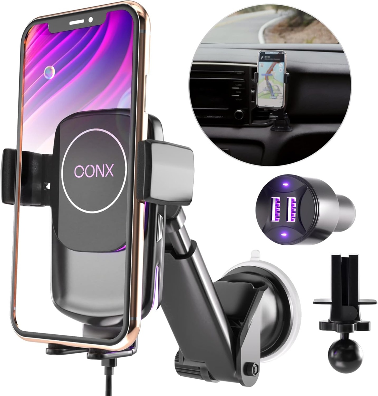 Set suport auto pentru telefon si un incarcator ConX, metal/plastic, negru
