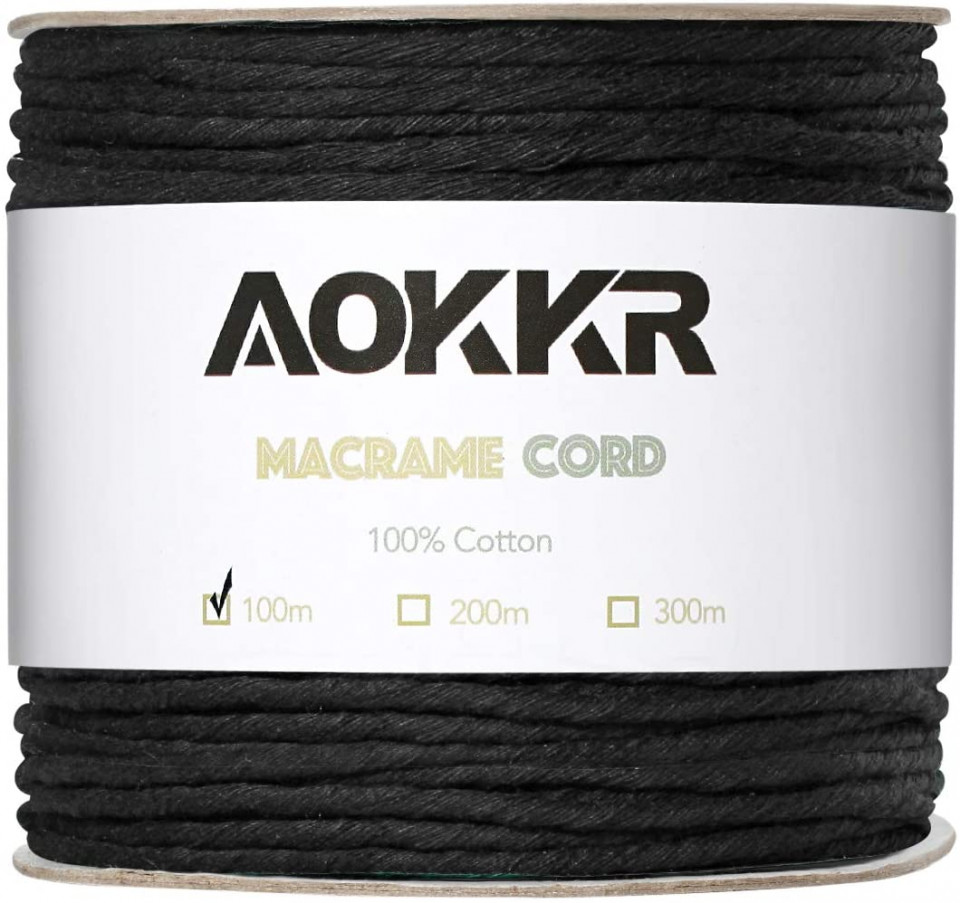 Sul de ata pentru macrame Aokkr, bumbac, negru, 100 m