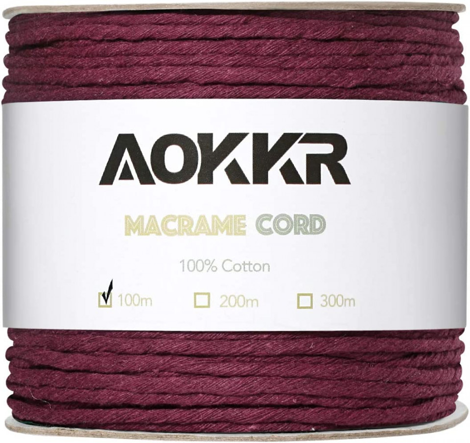 Sul de ata pentru macrame Aokkr, bumbac, rosu inchis, 100 m