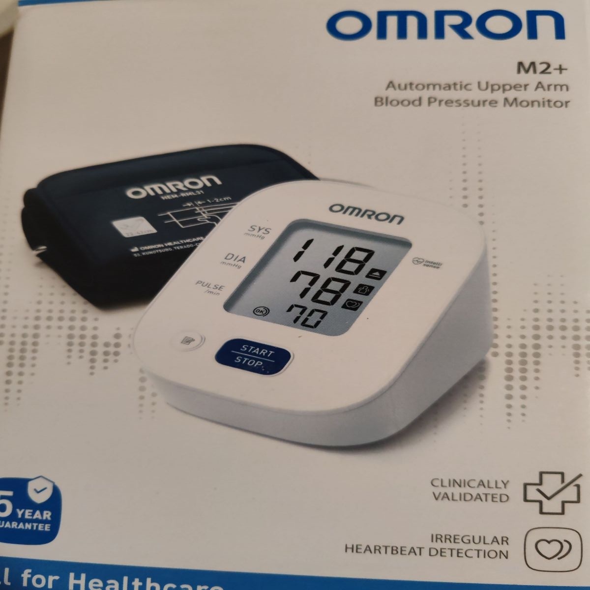 Tensiometru de brat complet automat Omron M2+, Tehnologie Intellisense, Aparat validat clinic, manseta mare 22-42 cm, Alb/Gri, Resigilat, Grad A