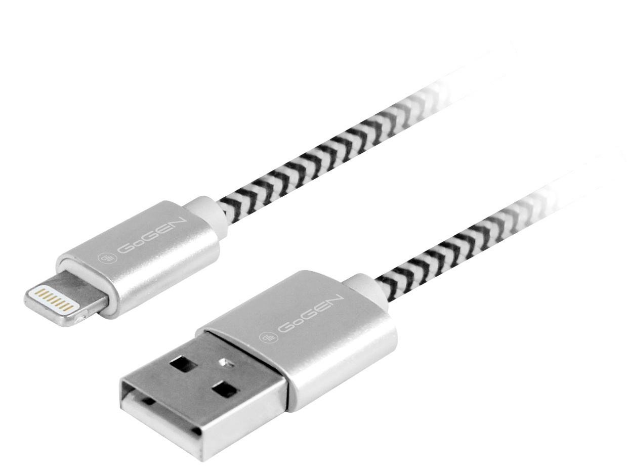 Cablu de incarcare si transfer de date GoGEN, USB la Lightning, 2 metri, impletitura textila, argintiu