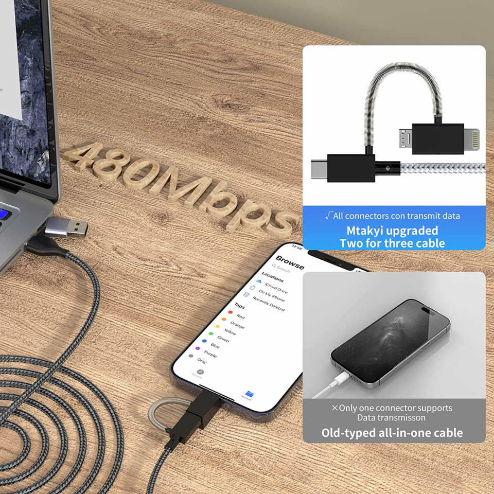 Poze Cablu de incarcare USB 4 in 1 MTAKYI, C /C si Micro USB, negru/gri, 1,8 m