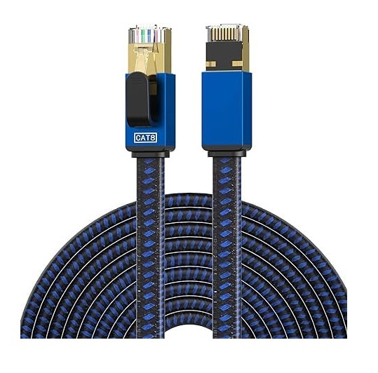 Cablul Cat 8 Lekvkm, plat, metal/nailon, albastru/negru, 1 m