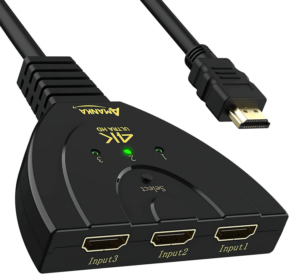 Comutator de iesire HDMI 3 Intrari AMANKA, 1 Convertor de iesire suporta audio si video compatibil cu 3D / 4K, potrivit pentru laptop /HDTV/DVD player/PS3 etc