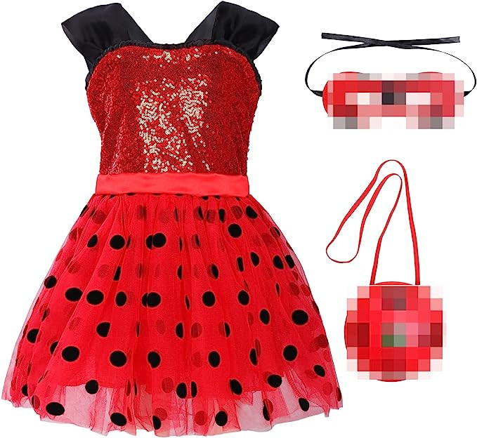Costum din 3 piese model buburuza Ficlwigkis, poliester/paiete, rosu/negru, 90-100 cm
