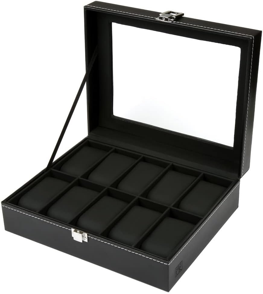 Cutie de depozitare cu capac de sticla pentru 10 ceasuri H&S, sticla/piele PU, negru, 22,5 x 7,5 x 20,5 cm, resigilat