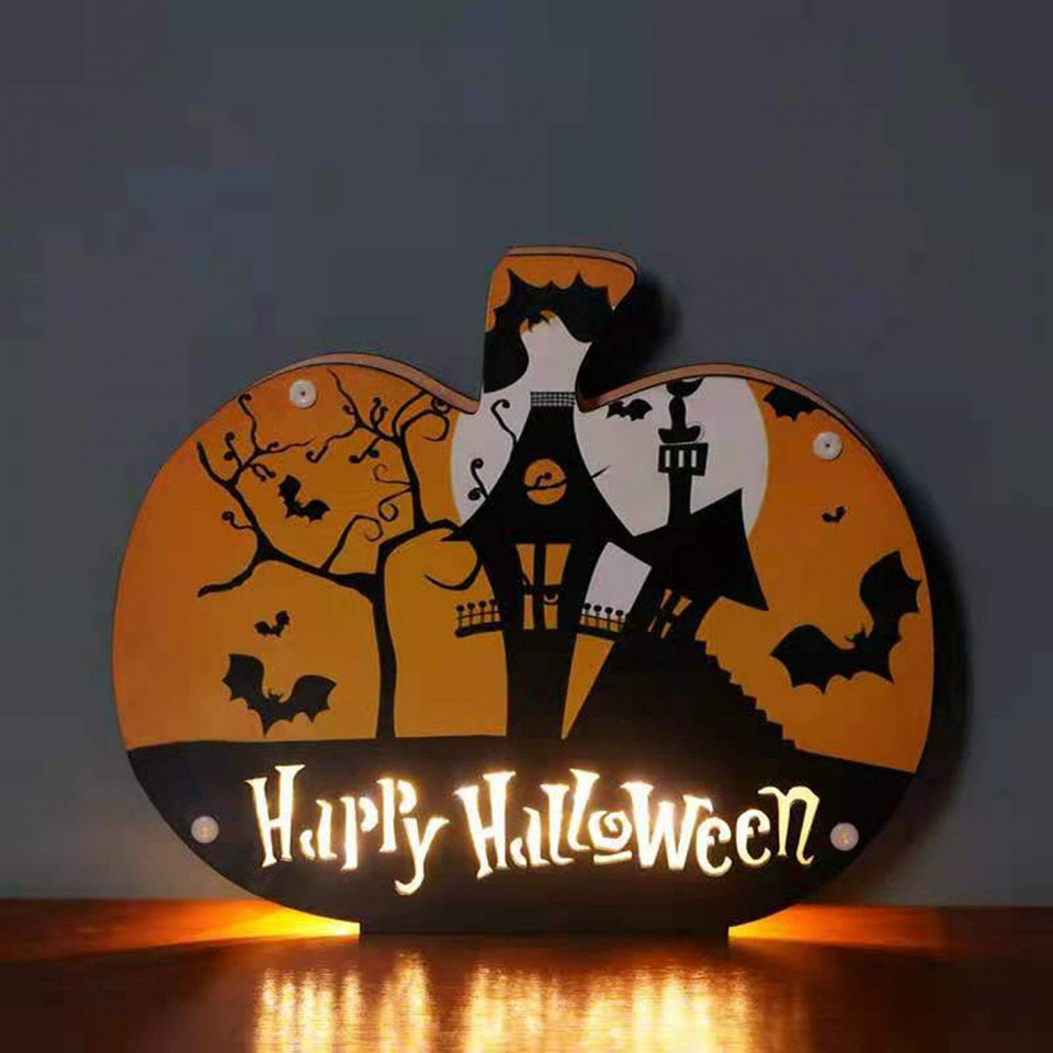 Decoratiune pentru Halloween, model dovleac, LED, lemn, 23,5 x 19,7 cm 197