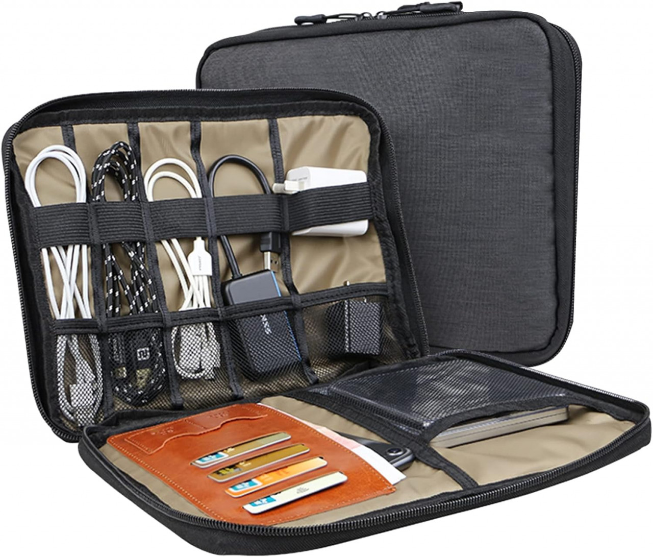 Geanta de organizare pentru cabluri PowerKing, textil, negru/bej, 27 x 21 cm
