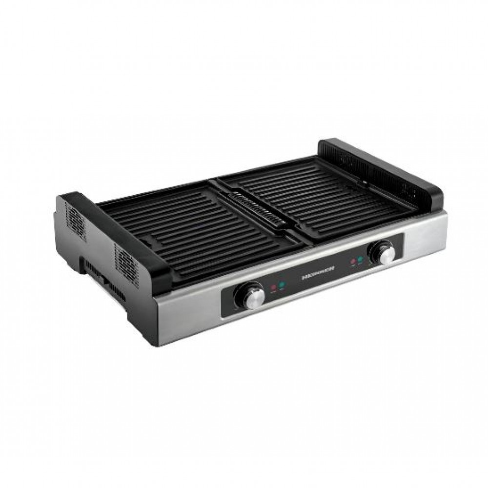 Gratar electric Heinner HSEG-1800SS, 1800 W, functie filtrare fum, 2 placi reversibile antiadezive, temperatura reglabila, Inox, RESIGILAT, 1 AN