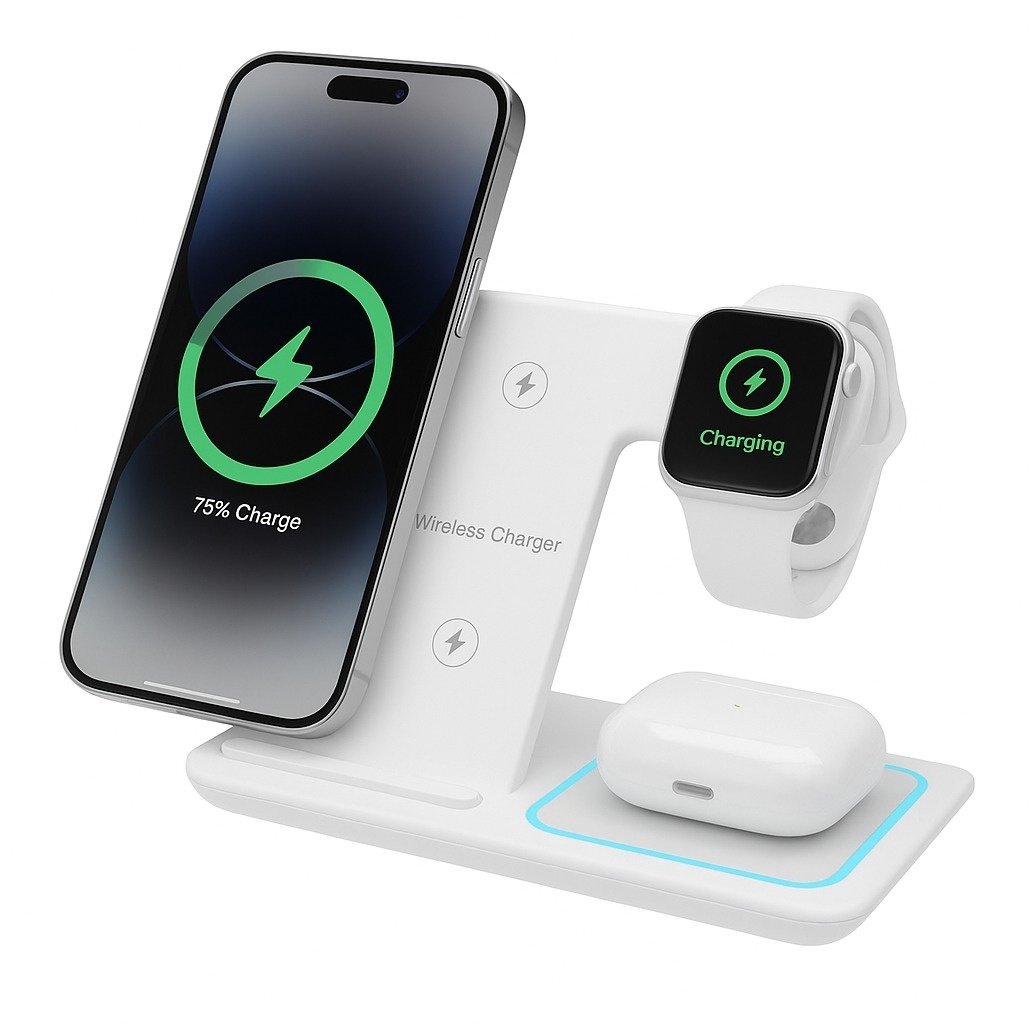 Incarcator Wireless 3-in-1 ProOffice Tech, pentru încărcare rapidă, LED, pentru Telefon, Smartwatch si Casti