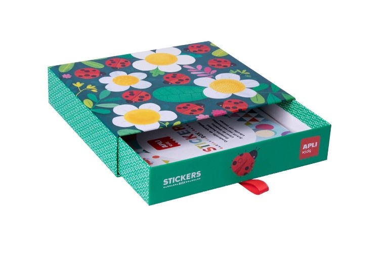 Joc creativ cu atocolante geometrice, APLI, tema Buburuze, 19 x 16,5 x 4 cm, 8 coli
