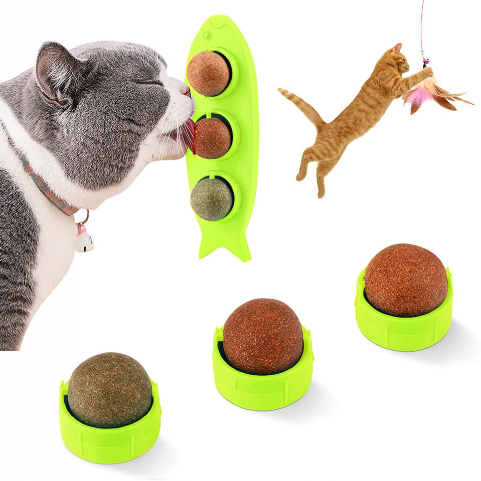 Jucarie cu bile catnip pentru pisici Tlater, verde, 19 x 7 x 6 cm