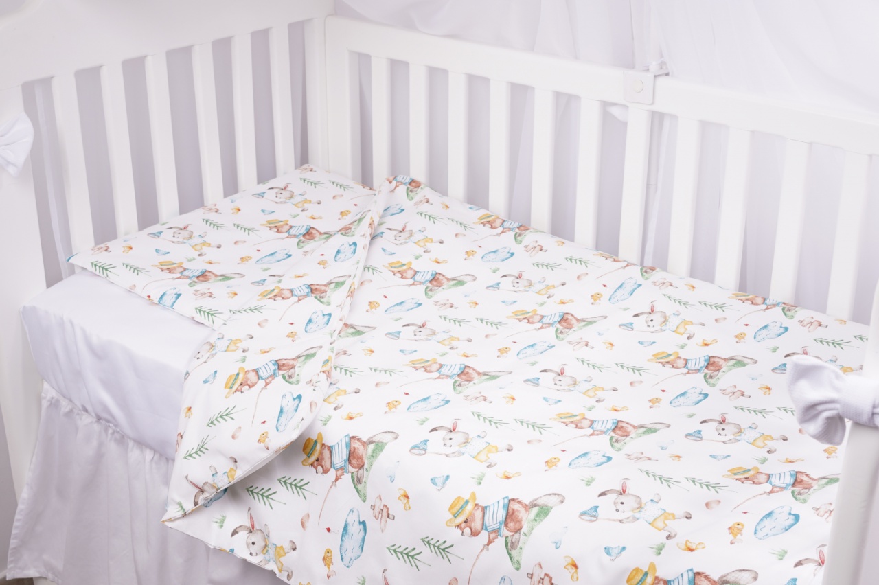 Lenjerie patut 120x60 cm, 3 piese bumbac 100% model iepurasi galbeni