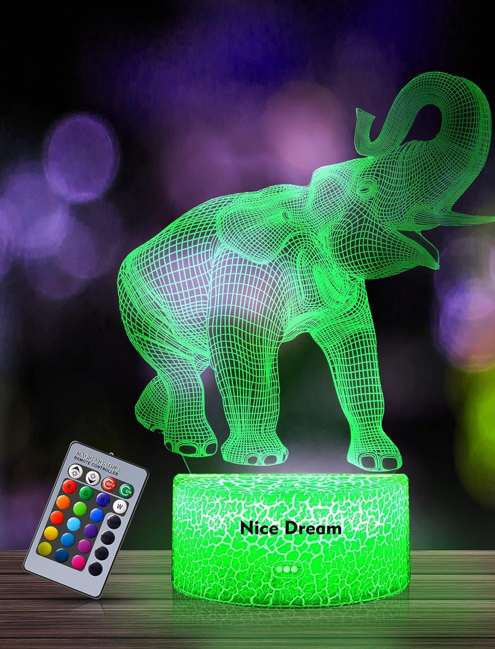 Lumina de noapte 3D pentru copii Nice Dream, LED, model elefant, RGB, acril, 21 x 13,5 cm