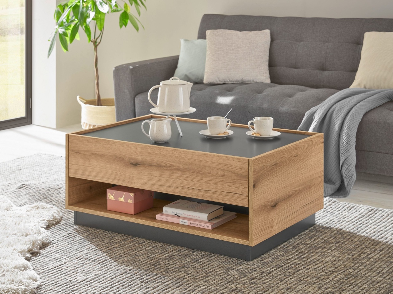 Masă de cafea Giron, 90x60x38 cm, antracit/stejar, PAL melaminat, design modern cu compartimente deschise
