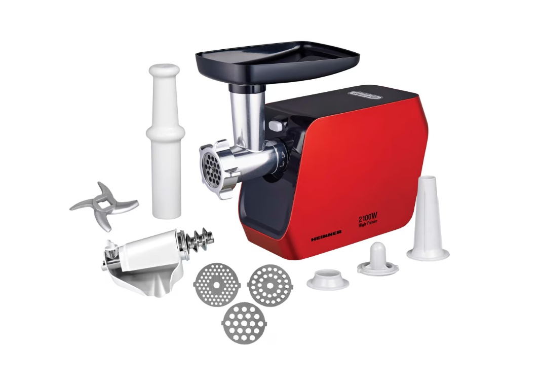 Masina de tocat Heinner MG-2100RD, 2100W, 1.8 kg/min, accesoriu rosii, accesorii carnati, cutit inox, 3 site taiere, rosu, RESIGILAT, 1 AN GARANTIE