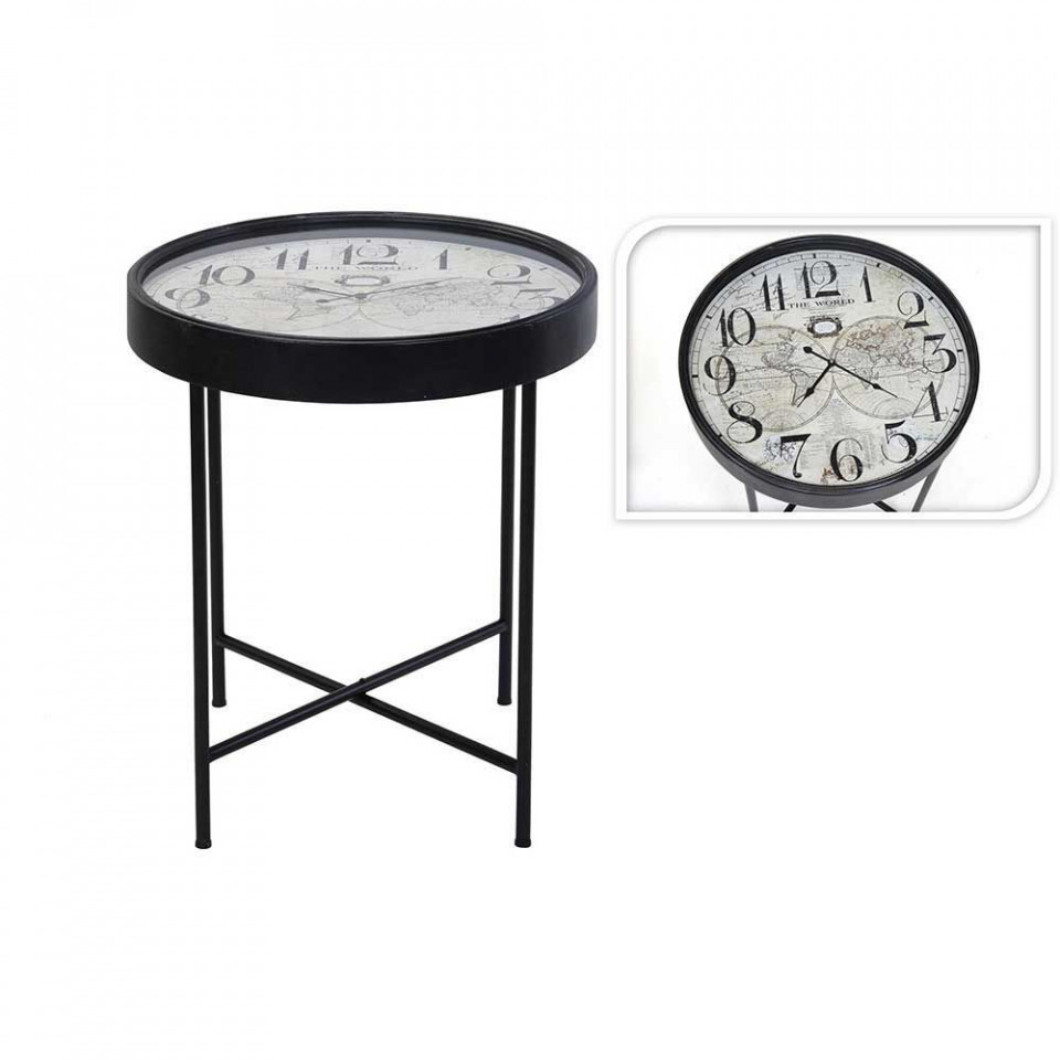 Masuta laterala cu ceas si harta, rotunda, metal/sticla, negru, 63 x 70 cm chilipirul-zilei.ro/ imagine model 2022