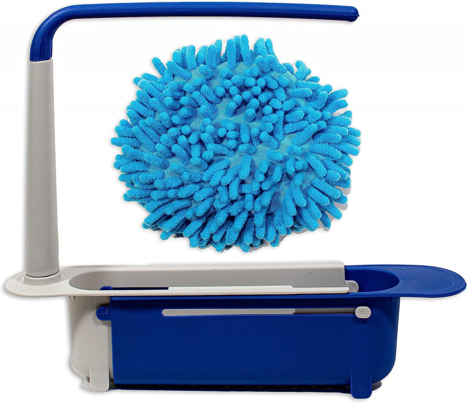Organizator extensibil pentru chiuveta cu laveta GEO BULNES GB, plastic/microfibra, alb/albastru, 32-45 x 27 x 6 cm
