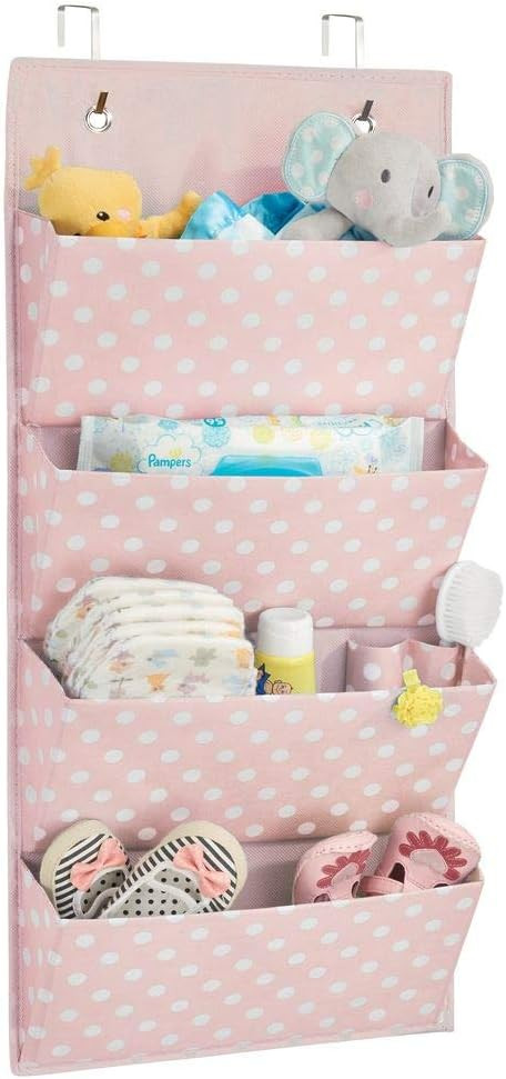 Organizator suspendat cu 4 buzunare mDesign, textil, roz/alb, 101,6 x 33 cm