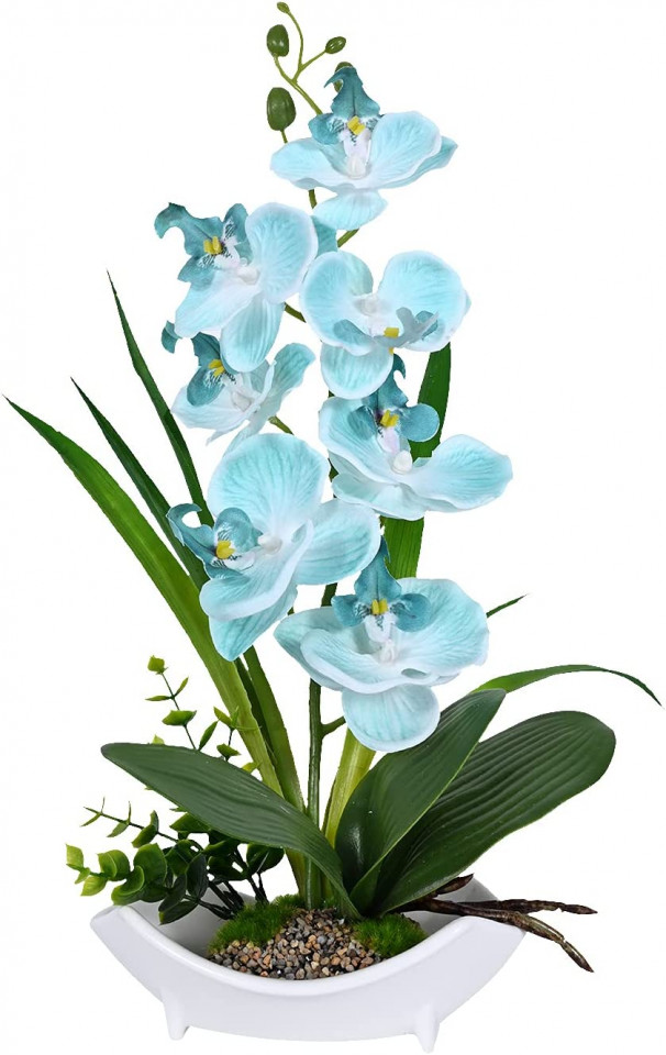 Orhidee artificiala RENATUHOM, albastru/verde, matase/plastic/ceramica, 38 x 16 x 11 cm