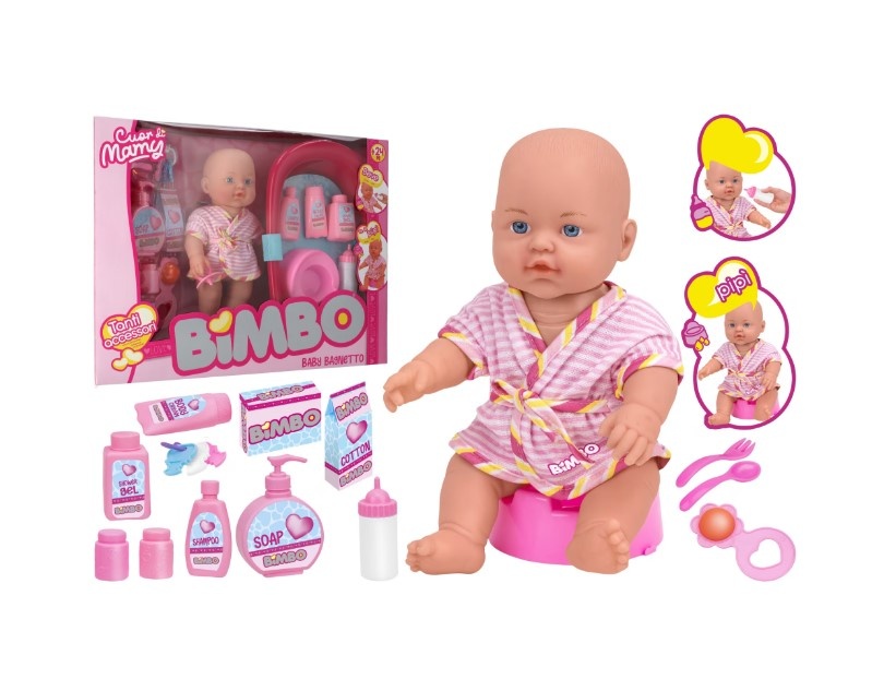 Papusa bebelus 30 cm, Globo Bimbo, cu halat baie, cadita si accesorii pentru spalat, accesorii hranire, biberon si olita incluse, jucarii zornaitoare