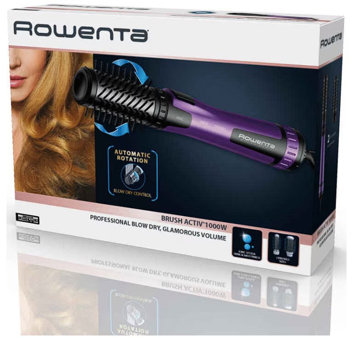 Perie rotativa cu aer cald Rowenta Brush Activ\' CF9525F0, 1000W, 2 perii rotative, 2 trepte de temperatura si viteza, functie jet de aer rece,