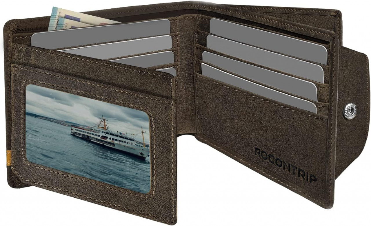 Portofel pentru barbati ROCONTRIP, piele, maro, 11,9 x 9,3 x 1,5 cm