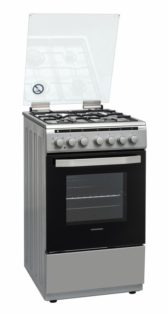 RESIGILAT – ARAGAZ MIXT HEINNER HFSC-V60LITGC-SL, Clasa A, Latime 50cm, 4 arzatoare gaz, Dispozitiv de siguranta plita, Aprindere electrica, Cuptor