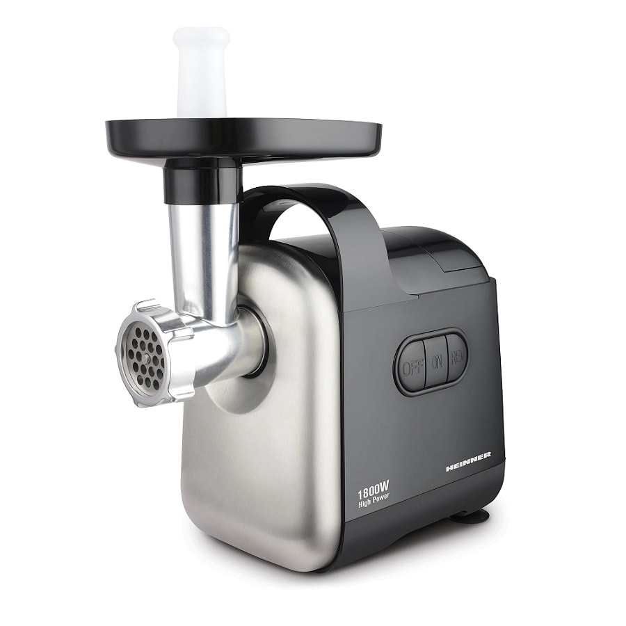 RESIGILAT – MASINA DE TOCAT HEINNER MG-D1800BK, 1.7 kg/min, 1800W, Functie Reverse, Accesorii pentru carnati si kibbe, 2 site, Negru/argintiu