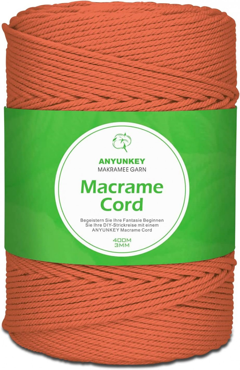 Rola de macrame pentru mestesuguri Anyunkey, bumbac, portocaliu, 400m x 3 mm