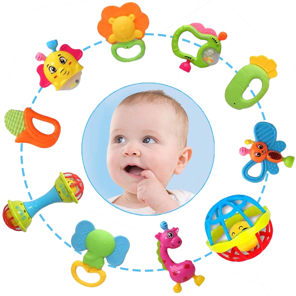 Set 10 Jucarii Zornaitoare cu forme inovatoare, texturi diferite, multicolore, + 3 luni, WP1036