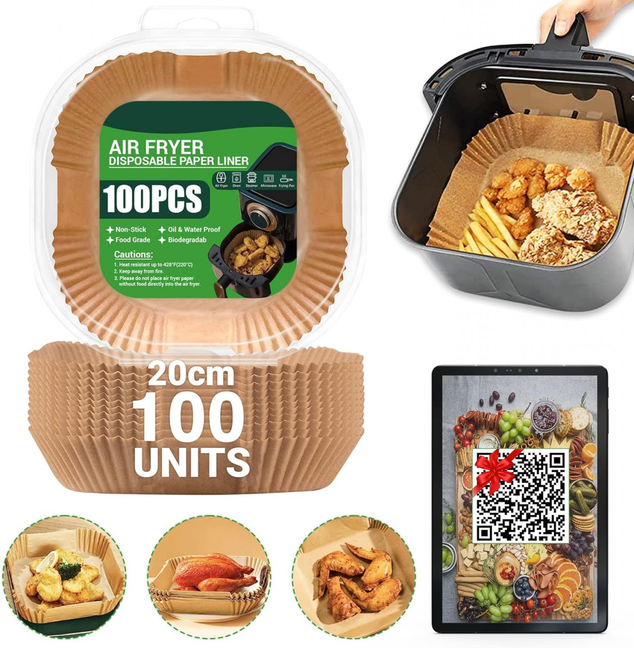 Set 100 bucati hartie de copt pentru friteuza CompaSJ, hartie, bej, 20 cm