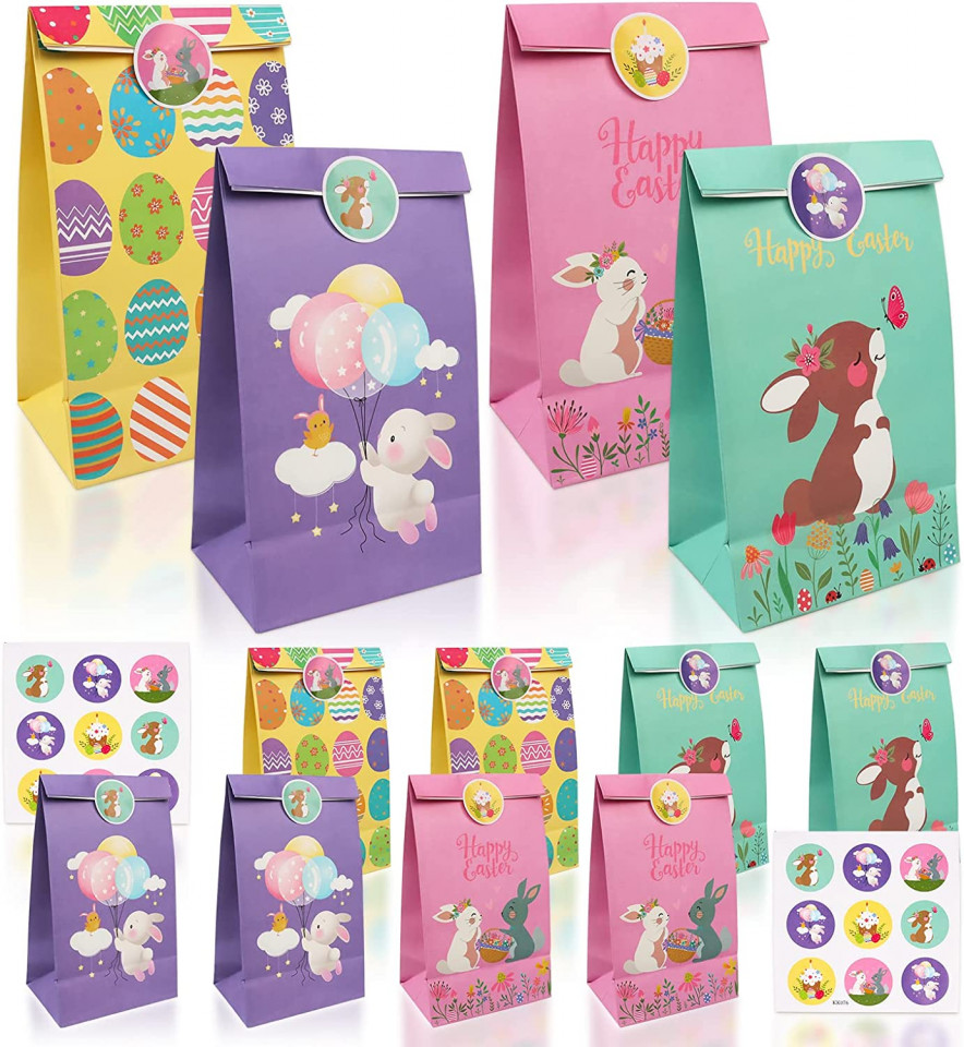 Set 12 pungi de cadouri pentru Paste Gxhong, hartie, multicolor, 8 x 22 cm