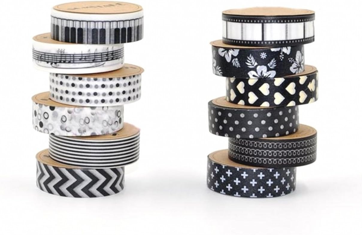 Set 12 role de banda washi Sunreek, hartie, negru/alb/auriu, 15 mm x 10 m