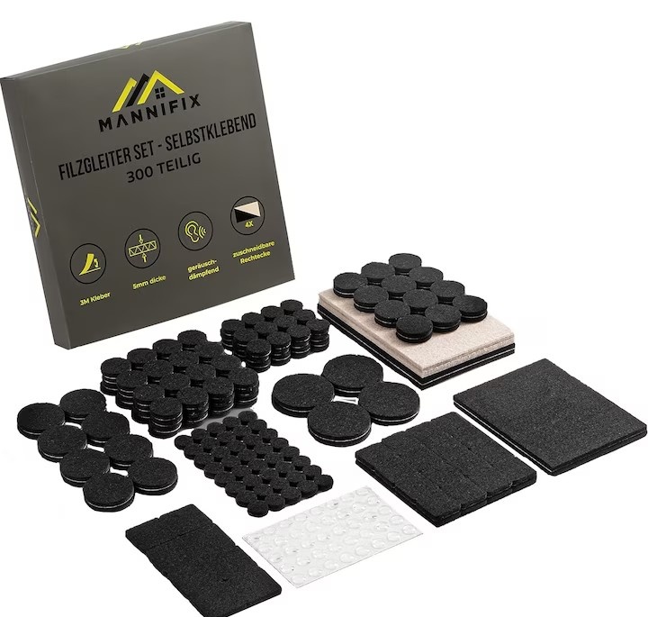 Set 300 tampoane pentru podea din pasla MANNIFIX autoadezive, pentru picioare scaun, mobila, 12 dimensiuni, resigilat