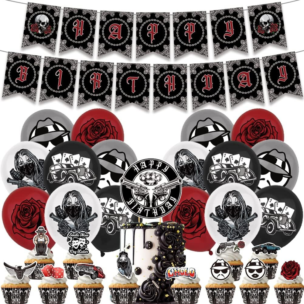 Set aniversar animat Hilloly, latex/hartie, rosu/negru, 30 piese