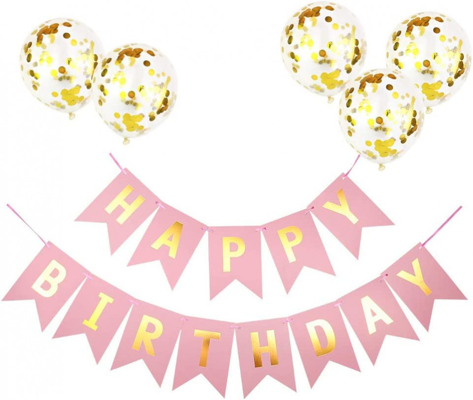 Set aniversar cu 1 banner si 5 baloane cu confetti DAIRF, latex/hartie, roz/alb/auriu, 47 cm / 20 x 16 cm