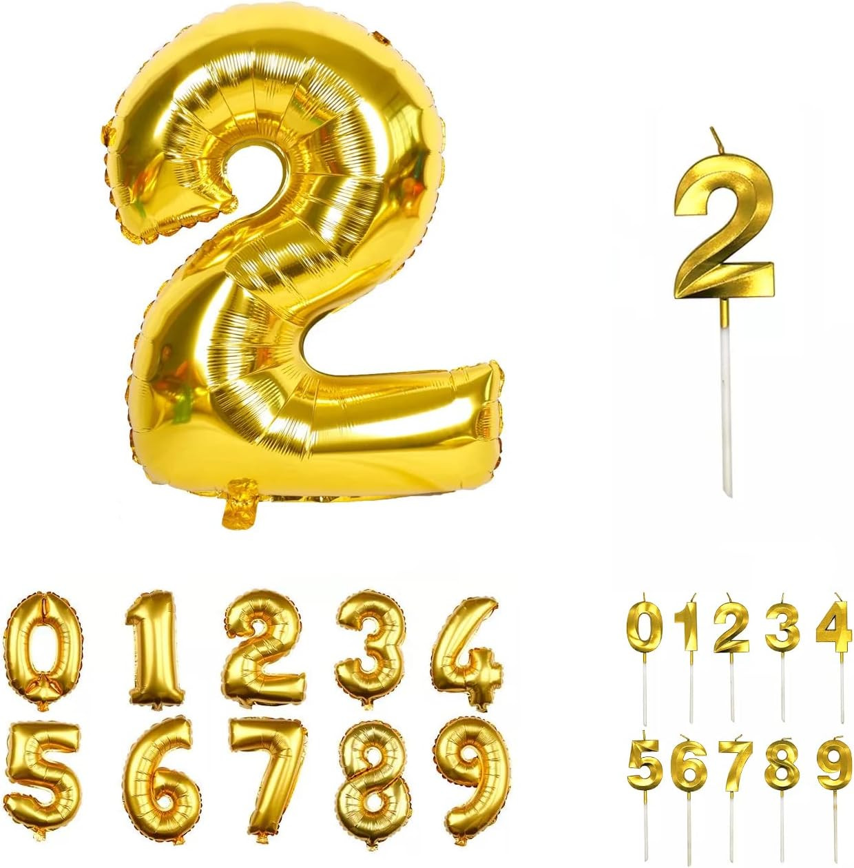 Set aniversar cu balon si lumanare pentru 2 ani REVIBOS, folie/ceara, auriu, 100 cm / 12,5 x 3,5 cm