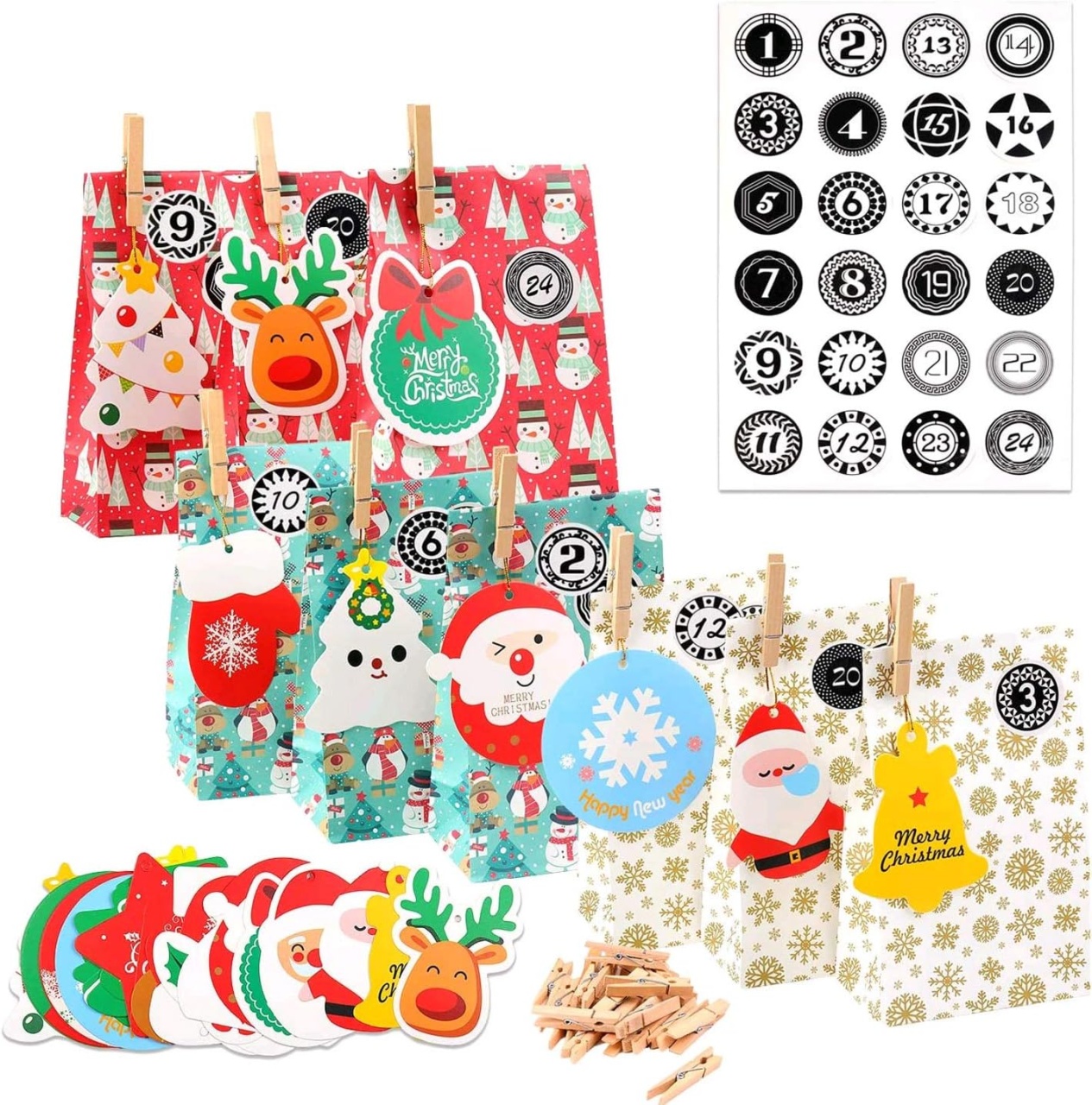 Set calendar de advent Ekkong, hartie/lemn, multicolor, 49 piese