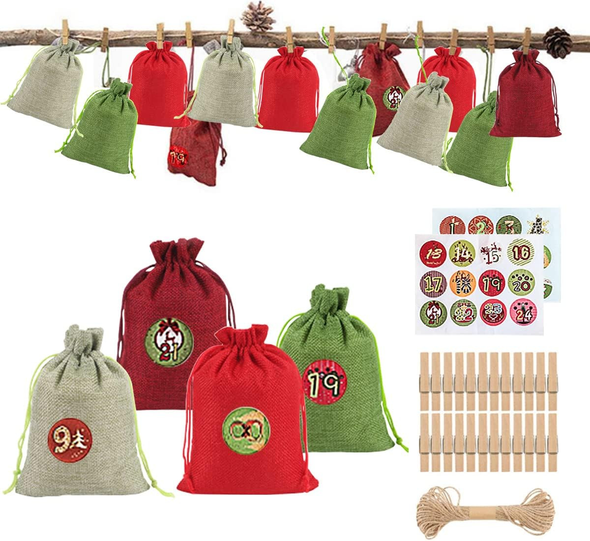 Set calendar de advent pentru Craciun MMDOCO, textil/lemn/hartie, multicolor, 72 piese