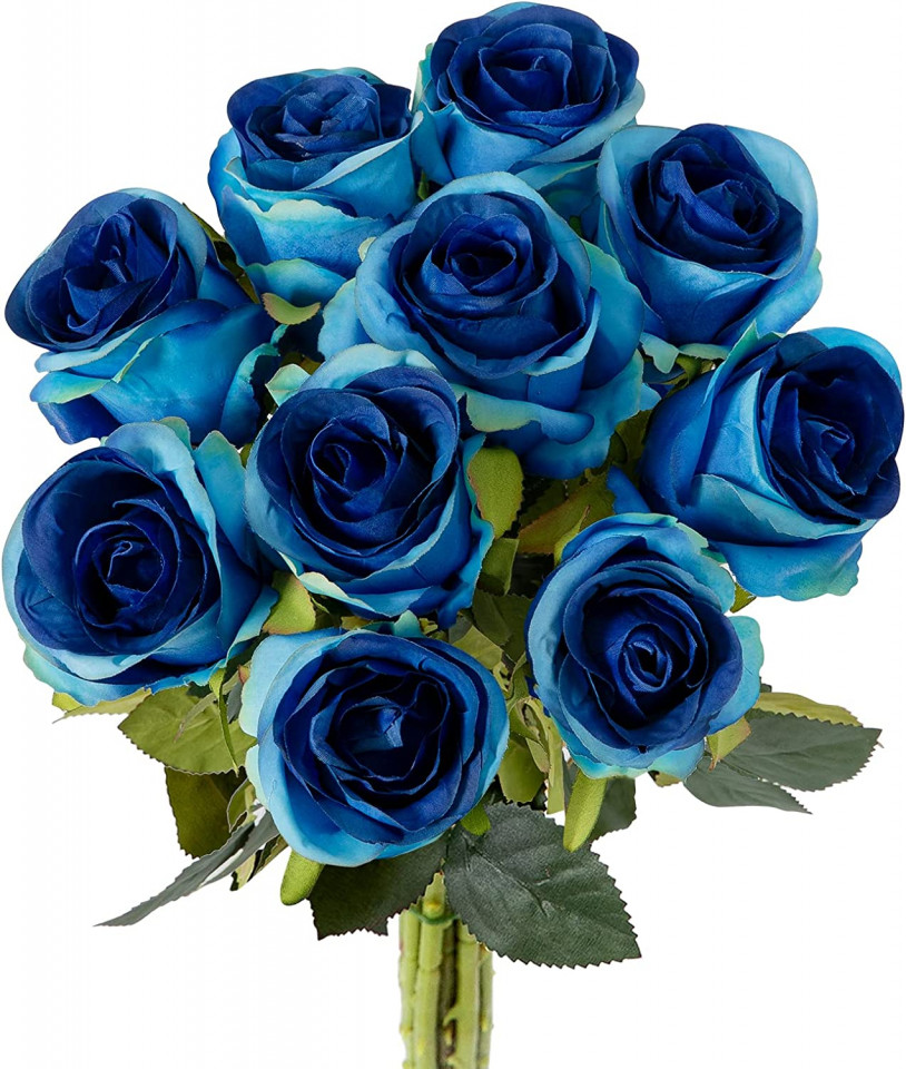 Set de 10 trandafiri artificiali Hawesome, matase/plastic, verde/albastru inchis, 54 cm