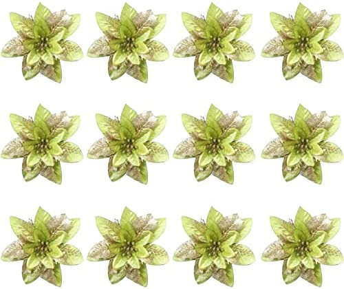 Set de 12 flori de Craciun Anyingkai, plastic, verde/auriu, 14 cm
