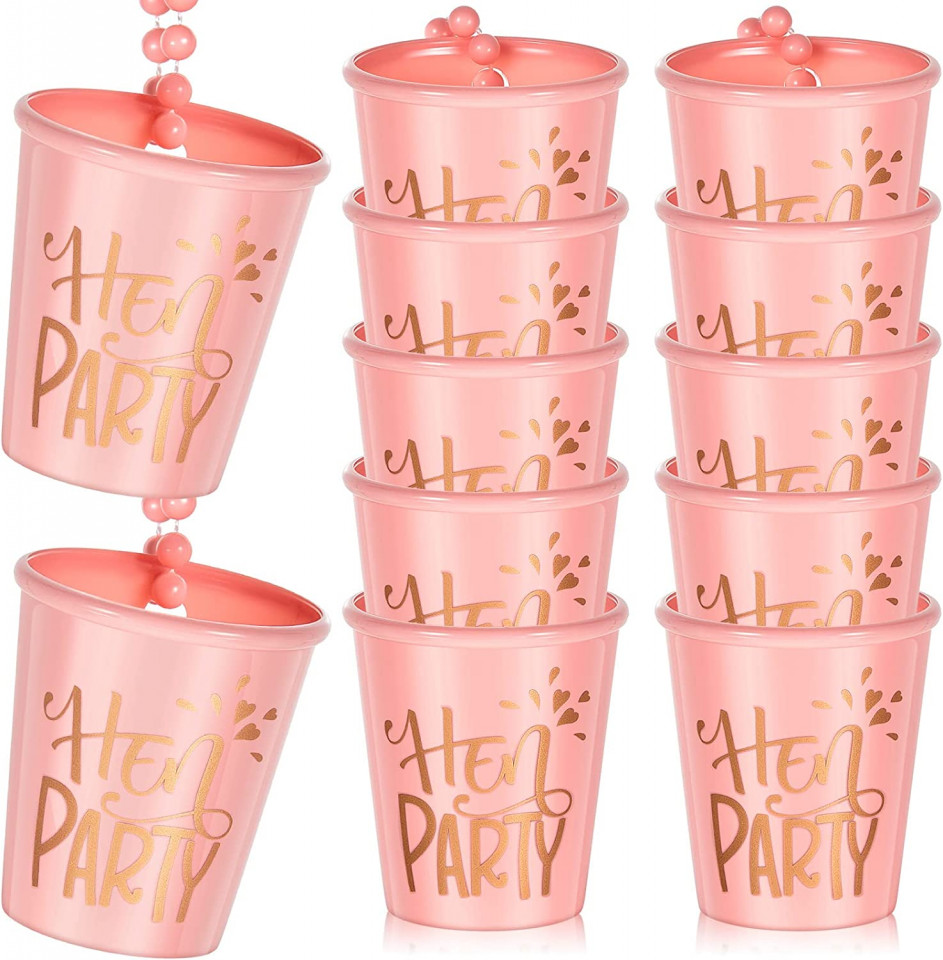 Set de 12 pahare cu colier de margele pentru nunta Herdear, plastic, roz, 5,7x 5,1 x 3,5 cm