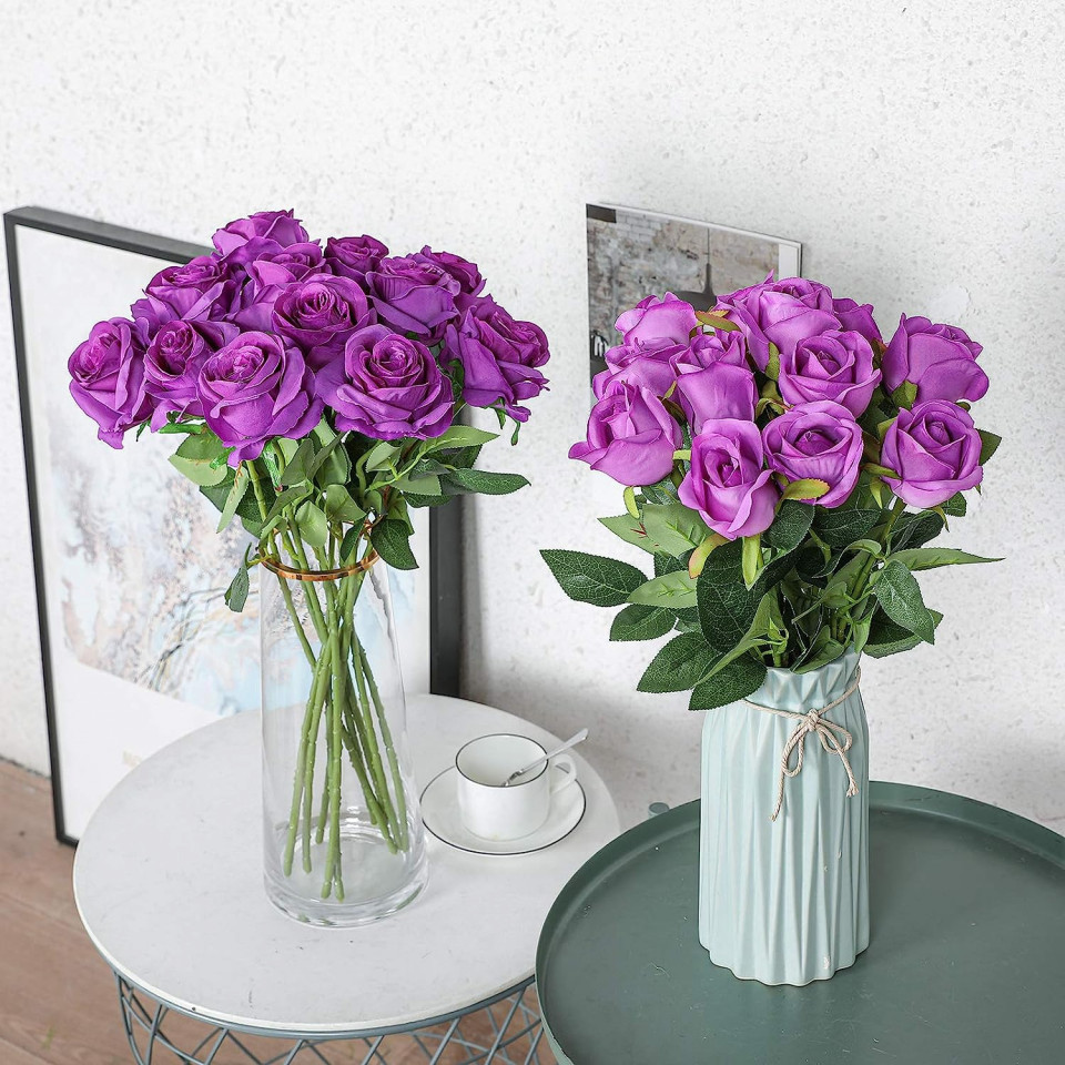Set de 12 trandafiri artificiali Hawesome, matase/plastic, violet/verde, 52 x 7 cm