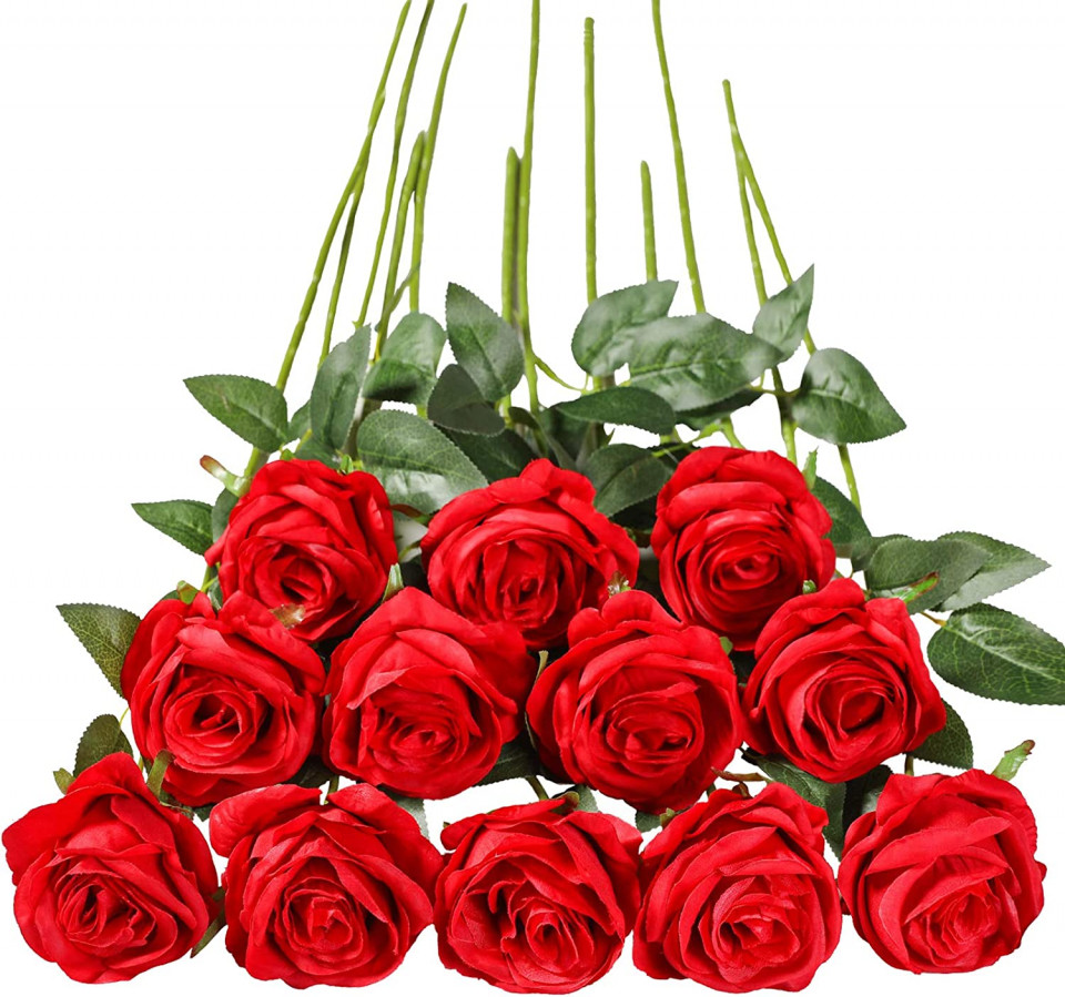 Set de 12 trandafiri artificiali YiYa, plastic/matase/metal, rosu, 45 cm chilipirul-zilei.ro/
