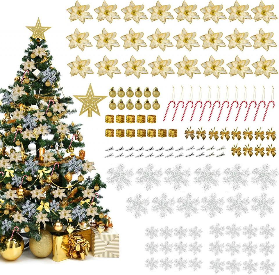 Set de 133 ornamente pentru bradul de Craciun LIHAO, plastic, alb/auriu/rosu, 6/8/13/16.5 cm