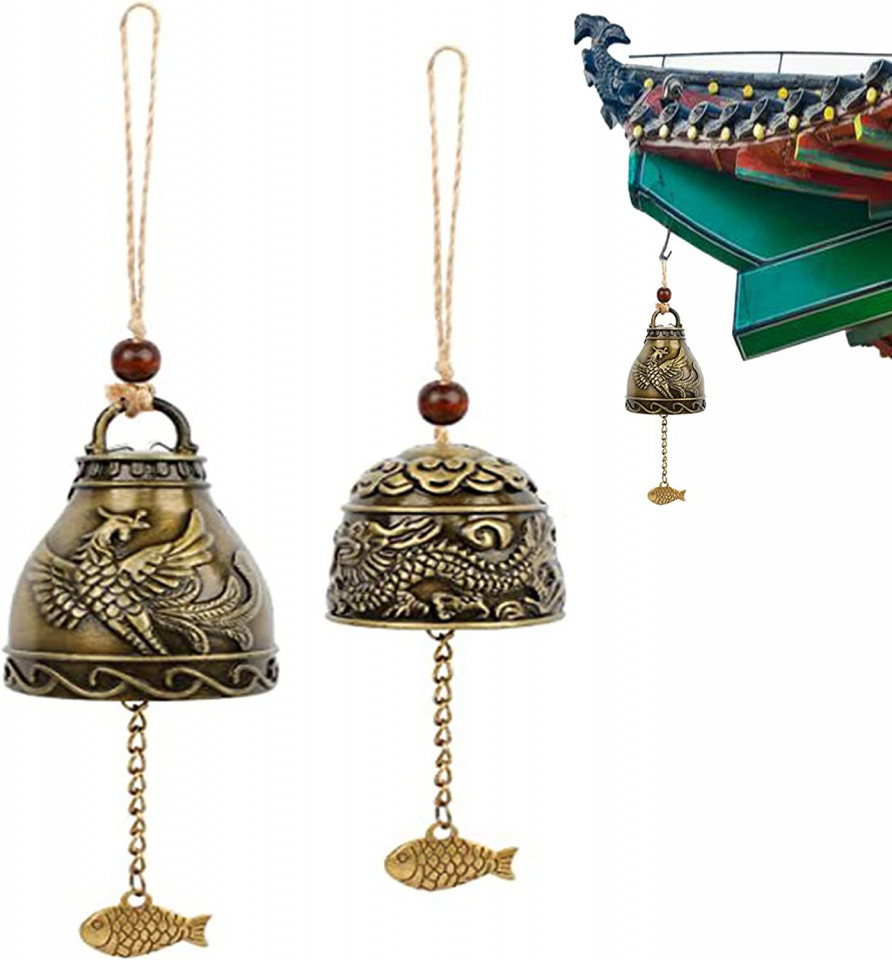 Set de 2 clopote de vant Feng Shui Pwsap, dragon, cupru, bronz, 18/ 23 cm
